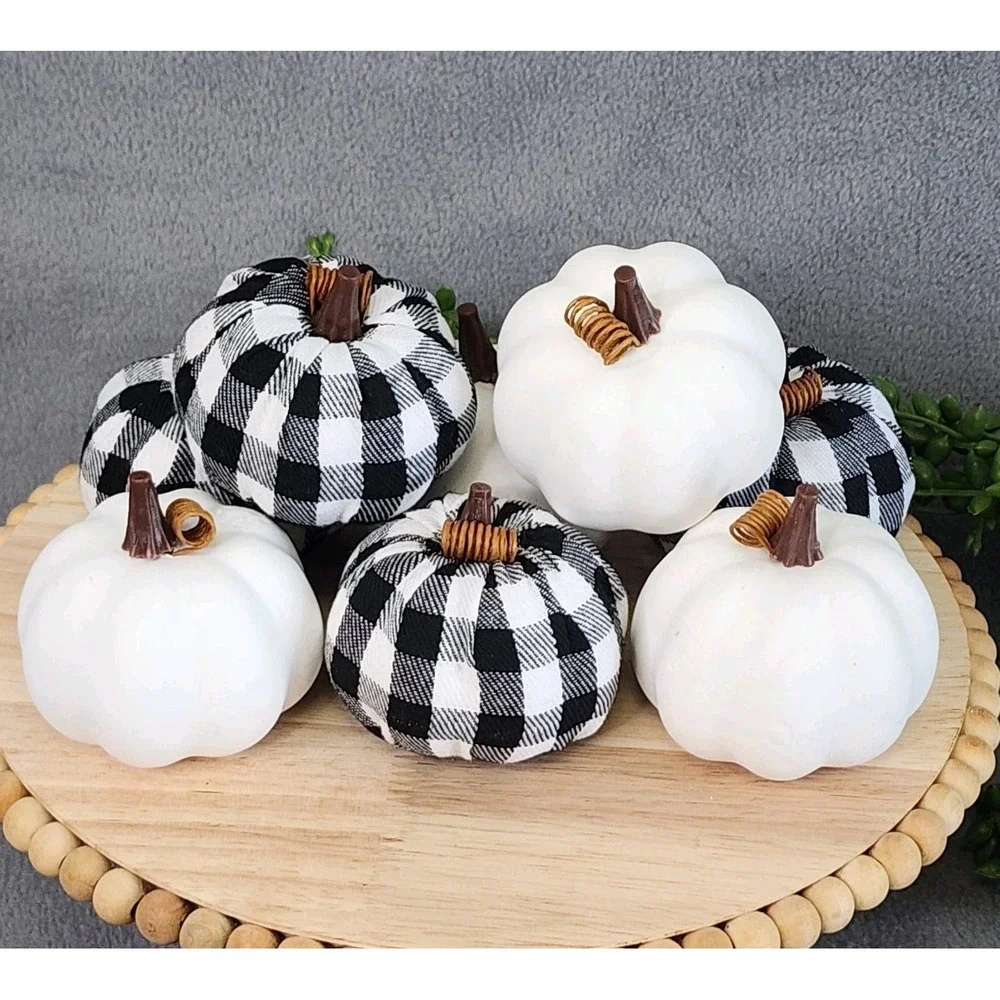 Black & White Buffalo Check Foam Pumpkins Fall Thanksgiving Table Decor 8 Pc NEW